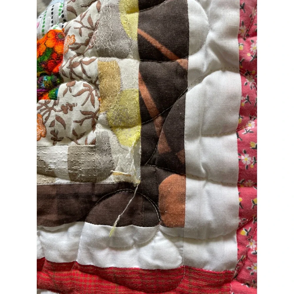 Vintage Handmade Log Cabin Patchwork Quilt Heart Quilted Multicolor 63x88
